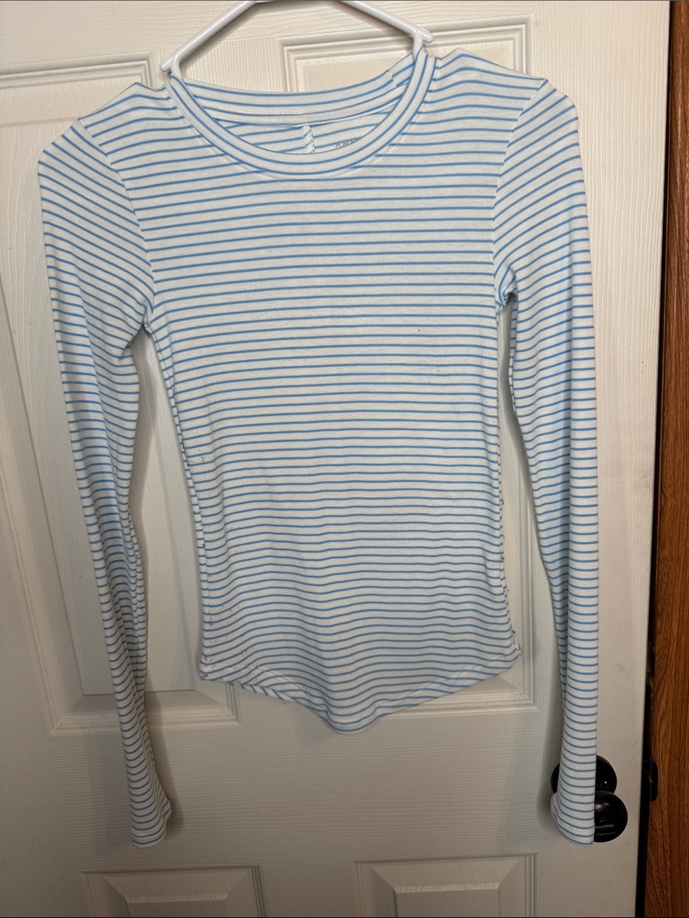 American Eagle Outfitters White Tee with Light Blue Stripes - Long Sleeve